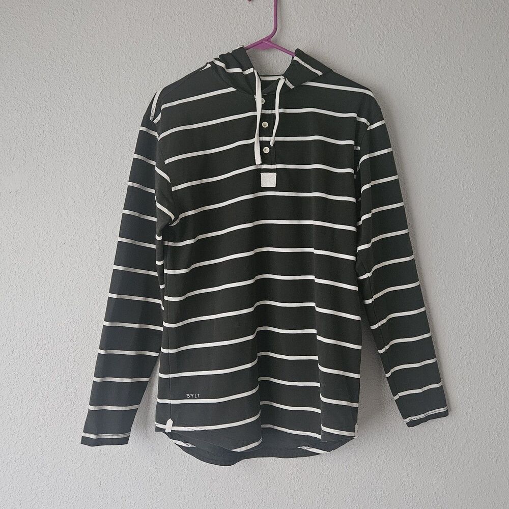 BYLT Long Sleeve Drop Cut Hooded Henley Lux Green/White Stripe-Mens Medium